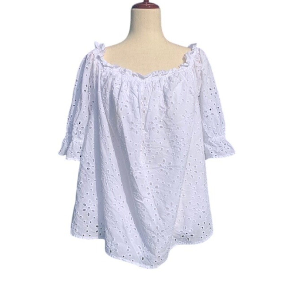 White Eyelet Peasant Blouse Plus Size 2X Cottagecore Boho Coastal Beachy Resort